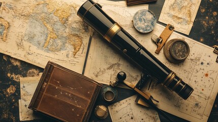 Wall Mural - a tidy star-gazing kit with a telescope, star charts, and notebooks