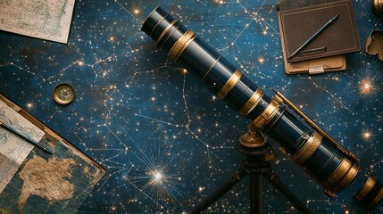 Wall Mural - a tidy star-gazing kit with a telescope, star charts, and notebooks