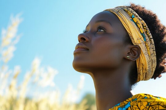 A black woman adorned in a colorful traditional cloth headband looks up thoughtfully towards the sky. Her bright attire and serene expression exemplify cultural pride and beauty in nature