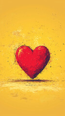 Grunge style red heart on textured yellow background, evoking warmth and passion