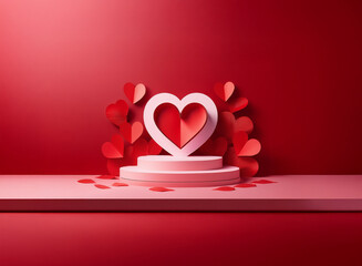 Canvas Print - A minimalist Valentine's Day scene. A large heart sits on a pink podium, surrounded by smaller paper hearts against a deep red background.  The design is clean and modern, evoking feelings of love and