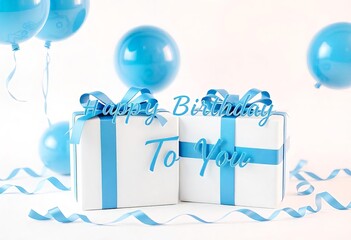 Wall Mural - Composition gift boxes surrounded by blue balloons and streamers The text Happy Birthday To You displayed