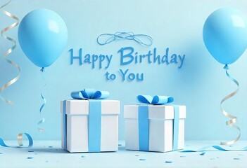 Wall Mural - Gift boxes in white with blue ribbons surrounded by blue balloons and streamers the text Happy Birthday To You displayed in a stylish font