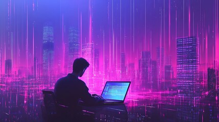 Canvas Print - Man works on laptop overlooking vibrant futuristic city at night.