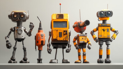 Poster - Cartoon robots and droids characters. Funny robotic teacher, builder and cleaner, police droid vector mascots. Cute androids, cyborgs with antennas, claws and drills on hands, spring and wheel legs