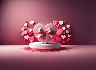 Canvas Print - A heart-shaped gift box with a pink ribbon sits on a pedestal, surrounded by floating hearts against a pink backdrop.  A romantic and celebratory scene.