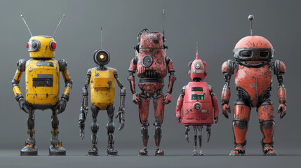 Poster - Cartoon robots and droids characters. Funny robotic teacher, builder and cleaner, police droid vector mascots. Cute androids, cyborgs with antennas, claws and drills on hands, spring and wheel legs