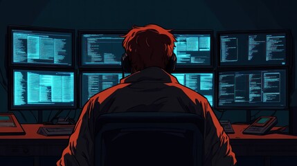 Poster - Cybersecurity Expert Monitoring Multiple Screens with Code Night Scene