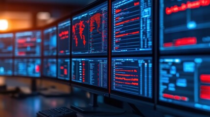 Poster - Cybersecurity Network Monitoring Multiple Screens Displaying Real Time Data and Code