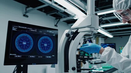 Poster - Scientist in protective suit conducts research using microscope in modern laboratory