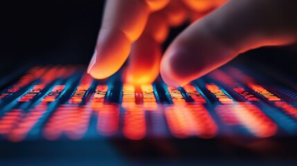 Poster - A dramatic image of Close up of Fingers Interacting with Glowing Digital Interface Futuristic Technology Concept