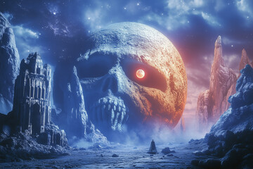 Wall Mural - Huge skull planet in the sky above the surface of an unknown plane background.