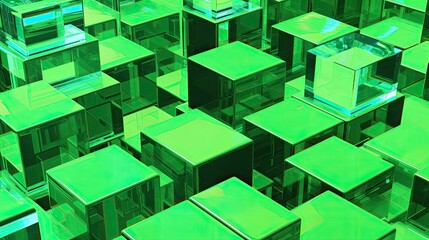 Poster - Dynamic green cubes arrangement abstract design graphic art digital environment aerial view modern aesthetics for visual impact