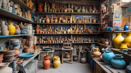 Wall Mural - A vibrant pottery studio with shelves of unglazed vases and tools neatly arranged