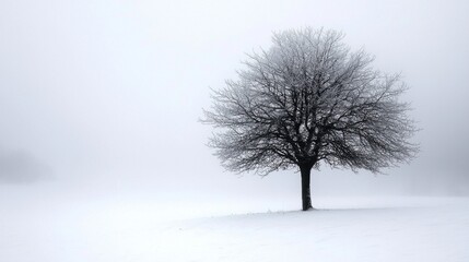 Poster - Amidst a blanket of fog and snow, a solitary tree reaches out with bare branches, embodying stillness and solitude in a serene winter landscape. Nature thrives in quietude