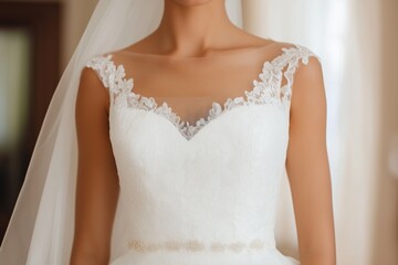 Canvas Print - A woman is wearing a white wedding dress with lace detailing. The dress is white and has a lace collar