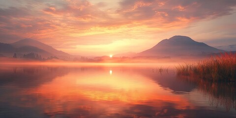 Wall Mural - Tranquil sunrise over misty mountains reflecting on still water with soft orange and pink hues in the expansive sky and gentle foreground reeds