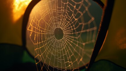 The image is a close-up of a spider web with a circular hole in the center. The web is intricately woven and appears to be made of thin strands.