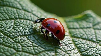 Poster - Close-up view of a ladybug crawling on a green leaf in a garden during springtime