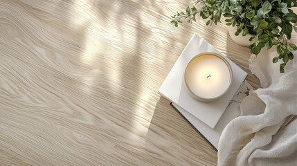 Poster - In an inviting and serene setting, a single white candle sits gracefully atop a stack of books, complemented by a delicate plant. Soft, warm light filters through, enhancing the calming vibe