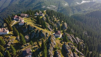 Aufkleber - Scenic hillside village at sunrise with surrounding mountains and lush greenery