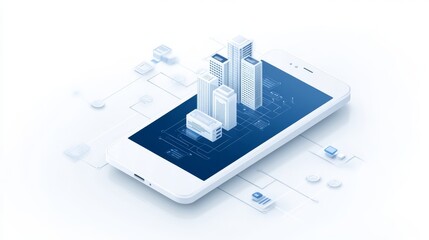 Fototapete - Smartphone showcasing a detailed blueprint of modern architectural building design.