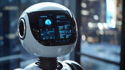 Poster - Robot chatbot with digital screens dashboards with data graphics isolated realistic customer service character. Vector cyber droid machine, modern technologies vr cyberpunk with help displays