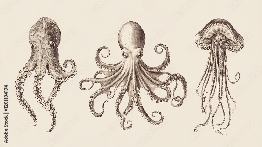 Octopus Shellfish Octopus, cuttlefish and shellfish mollusc sketches. Vintage map ...