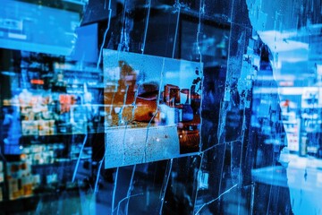 Poster - abstract digital collage featuring layered images in vibrant blu