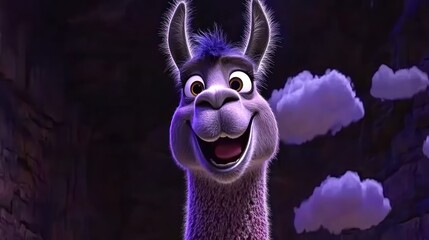 Poster - Animated llama with happy expression against dark background.