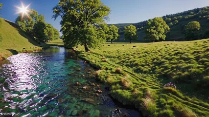 Aufkleber - Serene river flows through vibrant green landscape with trees and grazing animals under clear blue sky