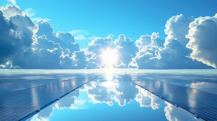 clean energy landscape, symmetrical solar panel array, towering cumulus formations, dazzling solar flare, mirrored surface reflections, saturated blue skyscape, environmental technology photography
