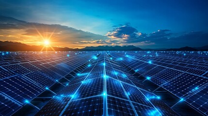 Solar power technology fusion, photovoltaic array with glowing circuit pathways, electric blue energy network visualization, modern clean energy infrastructure, technological precision, diagonal