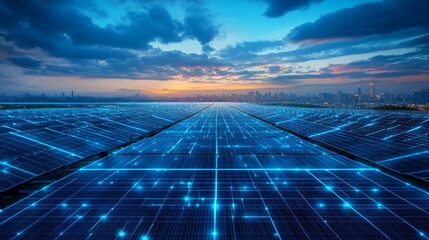 Solar power technology fusion, photovoltaic array with glowing circuit pathways, electric blue energy network visualization, modern clean energy infrastructure, technological precision, diagonal