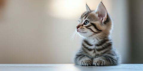 Wall Mural - Adorable small kitten with striped fur sitting on a white table gazing left in softly blurred background with warm light tones.