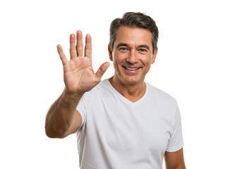 Sticker - Smiling Mature Man Shows Five Fingers White TShirt Background hand sign adult happy black model     