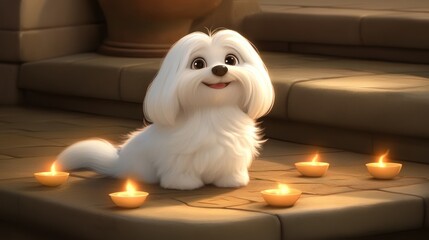 Sticker - Animated white dog sits on stone floor surrounded by lit candles.