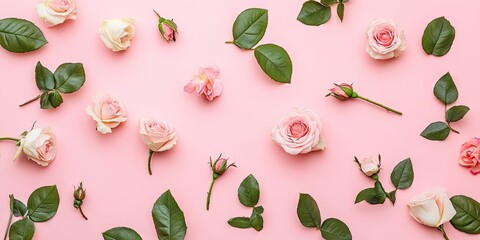 Wall Mural - Delicate arrangement of pink roses and green leaves on soft pink background with varying sizes and orientations creating a harmonious floral design.