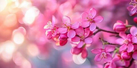 Wall Mural - Closeup of vibrant pink blossoms on a Judas tree with soft bokeh background highlighting delicate petals on branches with sunlight.