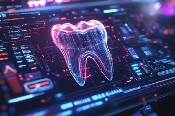 Poster - Translucent tooth design floats above digital interface showcasi