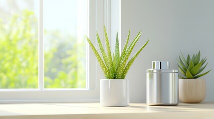 Wall Mural - Organic aloe vera for skin healing. Green plants on a windowsill with a sleek silver container.