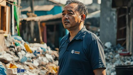 Wall Mural - A man environmentalist discusses the impact of industrial pollution, sharing ways communities can adopt cleaner practices to protect natural habitats