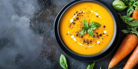 Wall Mural - Nutritious pumpkin and carrot soup in a black bowl with fresh basil and carrots on a dark textured background with space for text