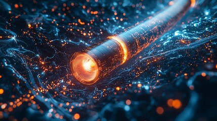 Poster - Glowing energy beam travels through abstract digital space.