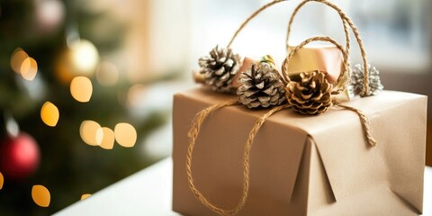 Wall Mural - Wrapped gift box adorned with pinecones and twine resting on a white table with a blurred Christmas tree background featuring soft bokeh lights