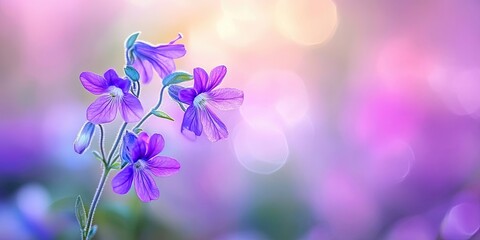 Canvas Print - Purple corydalis flowers in focus with soft blurred pastel backdrop, vibrant purple petals and delicate green foliage, macro photography detail