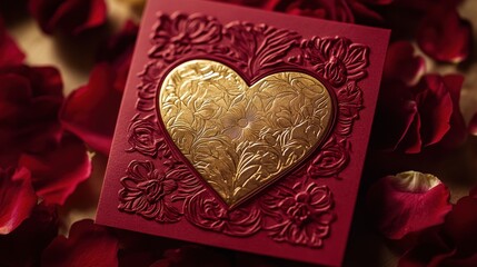 Fototapete - A red card with a golden heart graphic embossed in the center, framed by intricate lace-like patterns. The card is set against a backdrop of rose petals, creating a romantic atmosphere.