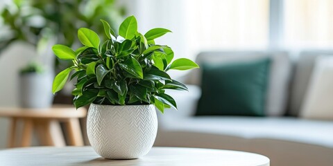 Canvas Print - Indoor potted plant in white textured pot on wooden table with green leaves and soft sofa background creating a fresh home atmosphere