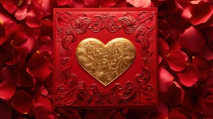Fototapete - A red card with a golden heart graphic embossed in the center, framed by intricate lace-like patterns. The card is set against a backdrop of rose petals, creating a romantic atmosphere.