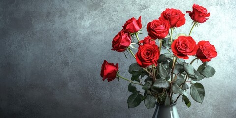 Canvas Print - Elegant arrangement of vibrant red roses in a silver vase against a textured grey backdrop, featuring lush green leaves and soft lighting.